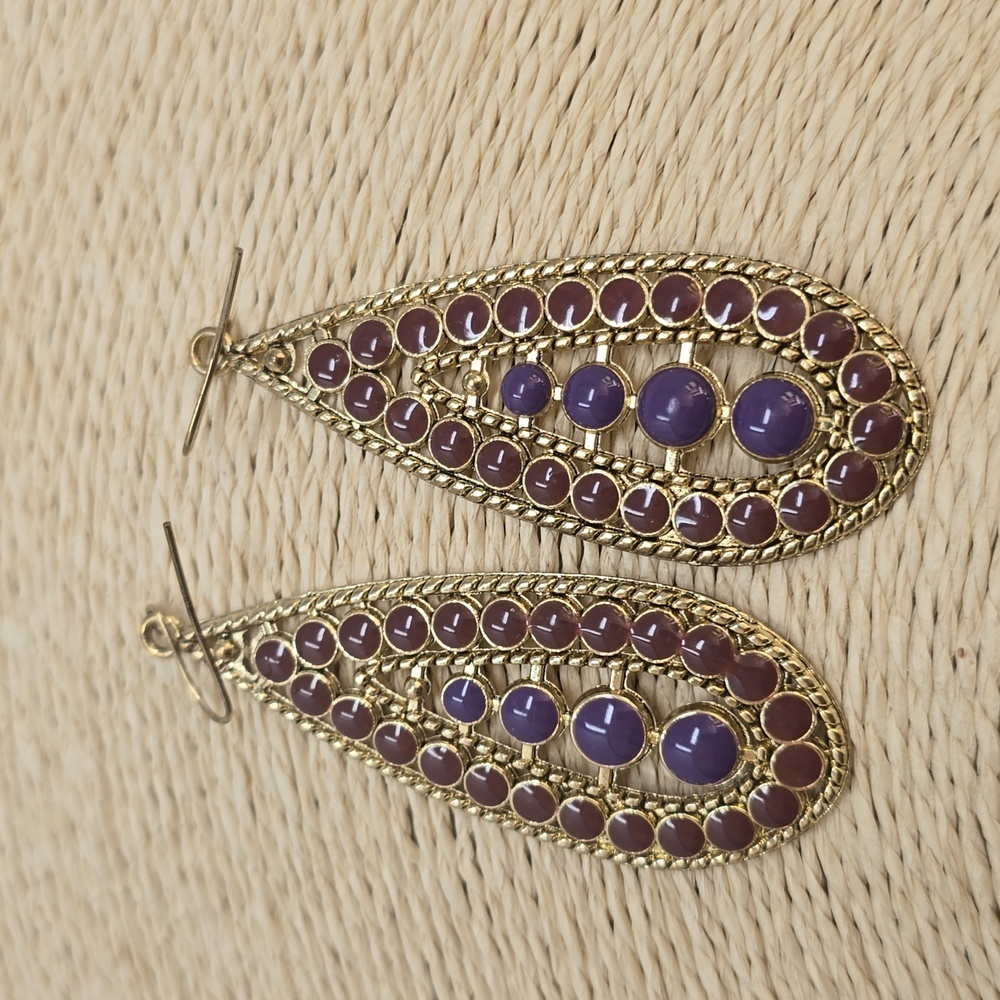 Vintage brass purple beaded earrings hook dangle teardrop gold tone